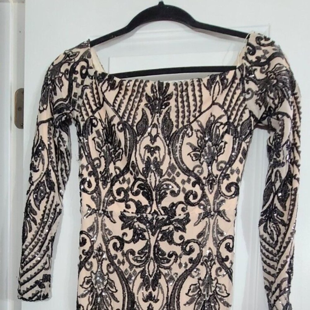 mermaid tan dress with black sequins perfect for prom or evening